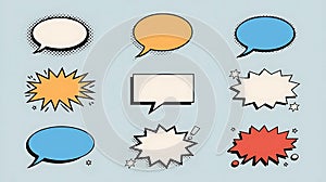 Colorful and Dynamic Comic Speech Bubbles on a Light Blue Background