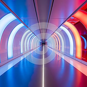 colorful dynamic light tunnel in a hallway is an illuminated wonder that bathes the passage in vibrant and energetic hues.