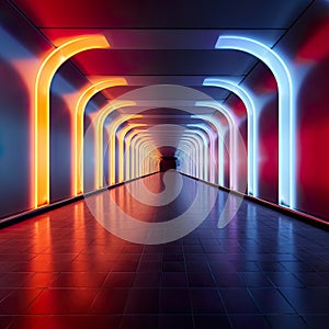 colorful dynamic light tunnel in a hallway is an illuminated wonder that bathes the passage in vibrant and energetic hues.