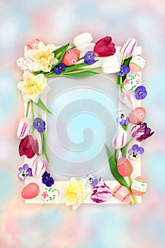 Colorful Easter Background with Decorated Eggs and Flowers