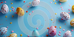 Colorful Easter Background With Easter Eggs, Bunny Ears, Painted Eggs, Rabbit, Eggs On Meadow - Ai Generated
