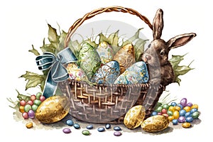A colorful Easter basket filled with treats such as chocolate bunnie Generate Ai