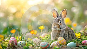 Colorful Easter Bunny Surrounded by Eggs in Spring Nature