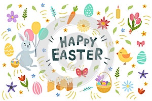 Colorful Easter card with letterin flowers eggs and rabbit elements composition white background