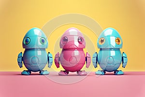 Colorful Easter Chick Egg Robots in Magenta and Cyan. Generative AI.
