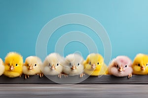 Colorful easter chicks with ample space for text on blue background - create your perfect design. Easter