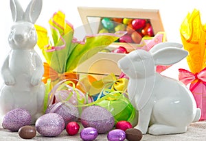 Colorful easter decoration. eggs and bunnies