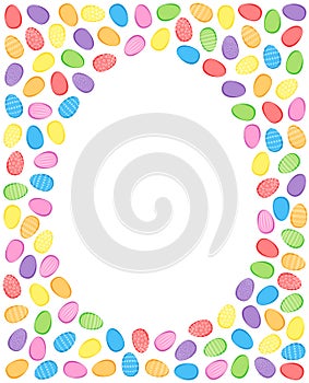 Colorful Easter egg background, numerous easter eggs around a white egg shape