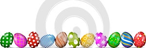 Colorful Easter Egg bottom border over white banner background. Easter colored eggs set. Top down view with copy space - vector