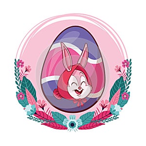 Colorful easter egg bunny portrait floral wreath round frame