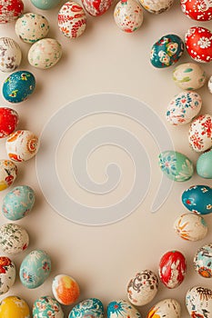 Colorful Easter egg frame delicate flower arrangement on light beige background Handled by human hands. Generated AI