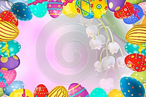 Colorful Easter egg frame edge border against a spring background. Space for text