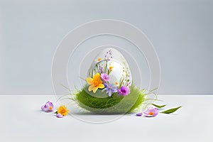 Colorful easter egg on green grass with spring flowers