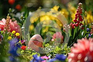 A colorful Easter egg hunt in a garden filled with blooming flowers