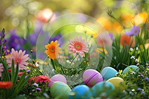 A colorful Easter egg hunt in a garden filled with blooming flowers