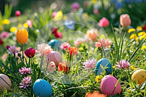 A colorful Easter egg hunt in a garden filled with blooming flowers