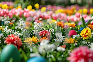 A colorful Easter egg hunt in a garden filled with blooming flowers