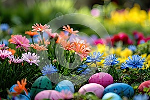 A colorful Easter egg hunt in a garden filled with blooming flowers