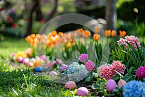 A colorful Easter egg hunt in a garden filled with blooming flowers