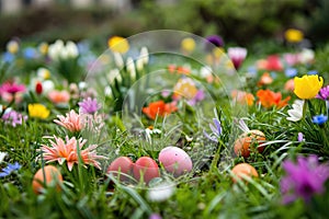 A colorful Easter egg hunt in a garden filled with blooming flowers