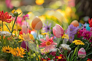 A colorful Easter egg hunt in a garden filled with blooming flowers