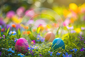 A colorful Easter egg hunt in a garden filled with blooming flowers