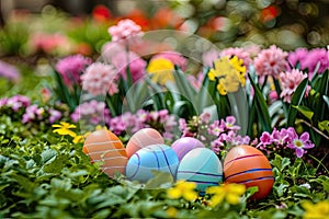 A colorful Easter egg hunt in a garden filled with blooming flowers