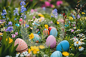 A colorful Easter egg hunt in a garden filled with blooming flowers