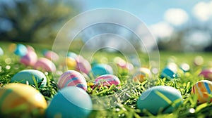 A colorful Easter egg hunt scene with pastel colored eggs scattered on bright green grass