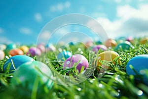 A colorful Easter egg hunt scene with pastel colored eggs scattered on bright green grass