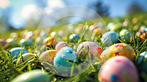 A colorful Easter egg hunt scene with pastel colored eggs scattered on bright green grass