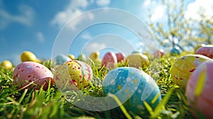 A colorful Easter egg hunt scene with pastel colored eggs scattered on bright green grass