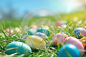 A colorful Easter egg hunt scene with pastel colored eggs scattered on bright green grass