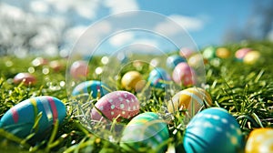 A colorful Easter egg hunt scene with pastel colored eggs scattered on bright green grass