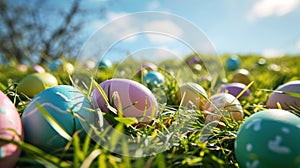 A colorful Easter egg hunt scene with pastel colored eggs scattered on bright green grass