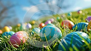 A colorful Easter egg hunt scene with pastel colored eggs scattered on bright green grass