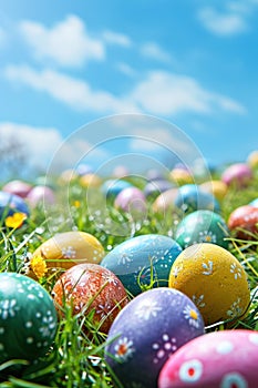 A colorful Easter egg hunt scene with pastel colored eggs scattered on bright green grass