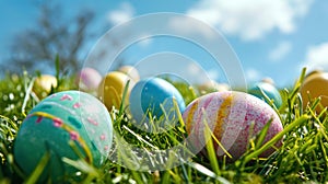 A colorful Easter egg hunt scene with pastel colored eggs scattered on bright green grass