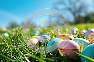 A colorful Easter egg hunt scene with pastel colored eggs scattered on bright green grass