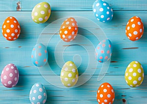 Colorful Easter egg side border against blue wood background