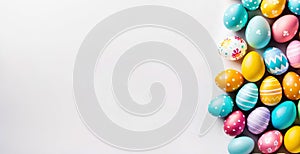 Colorful Easter egg side border on a white wooden background. Banner for design with copy space.