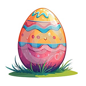 A colorful Easter egg sits in the grass a festive spring decoration