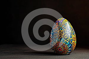 a colorful easter egg is sitting on a black table