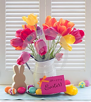 Colorful Easter Egg and Tulip Bouquet Still Life in Window Light with Hoppy Easter card