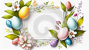 Colorful Easter egg wreath with an empty space white card