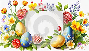 Colorful Easter egg wreath with an empty space white card