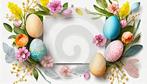 Colorful Easter egg wreath with an empty space white card