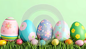 row easter eggs on grass againts green backgron photo
