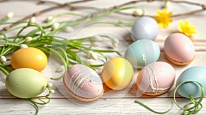 Colorful Easter eggs arranged on a wooden surface with spring flowers and greenery in a bright setting