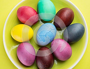 Colorful Easter eggs as an attribute of Easter celebration on the yellow plate